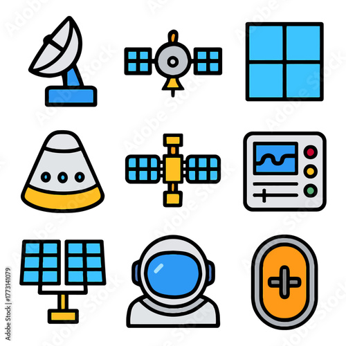 Colorful space icons set featuring satellites, astronaut, and control panel.