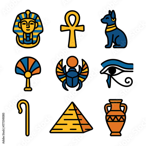 Ancient egyptian symbols collection: ankh, scarab, pharaoh, pyramid, sphinx.