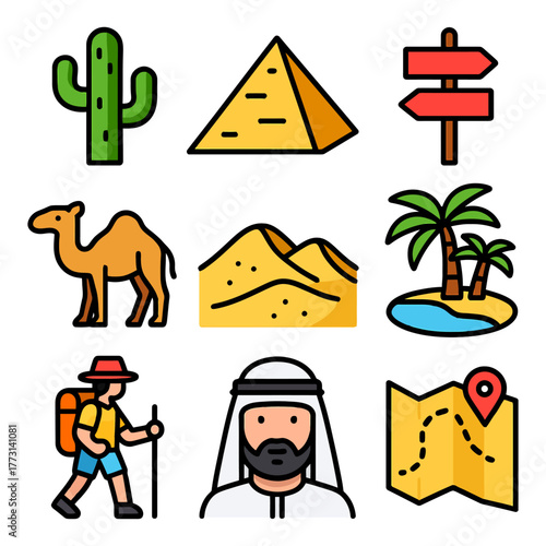 Desert exploration: cactus, pyramids, camel, tropical oasis, hiker, map, middle eastern man.