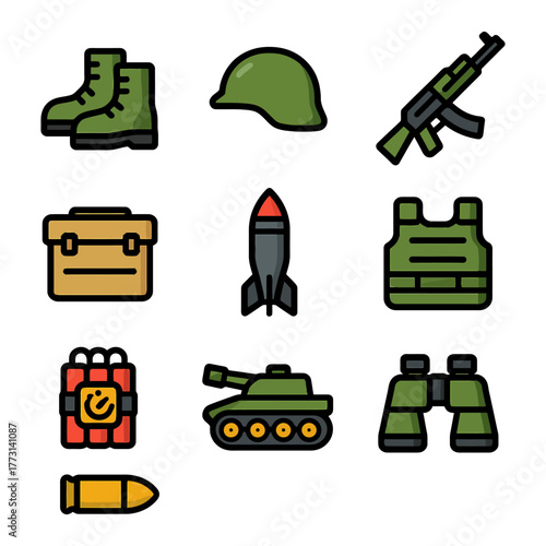 Military icons: boots, helmet, rifle, ammo, rocket, tank, vest, binoculars.