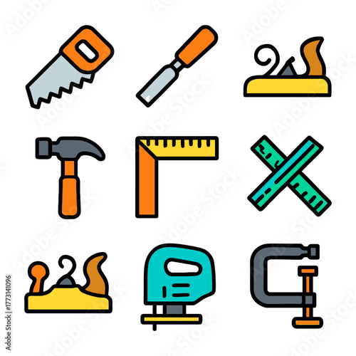 Colorful set of hand tools icons: saw, hammer, plane, ruler, chisel, clamp, jigsaw.