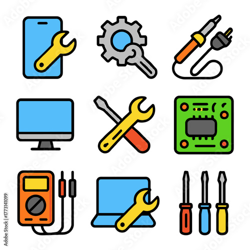 Colorful electronics tools and devices collection.