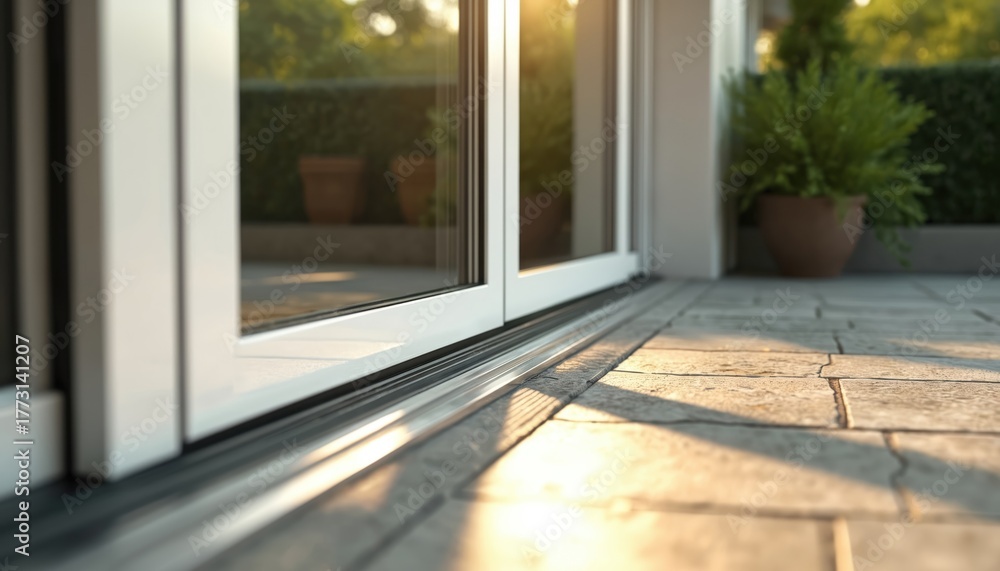 Fototapeta premium Modern sliding patio door with white aluminum frame and glass panels. Opens onto stone tiled patio with potted plants. Sunlight streams through glass.