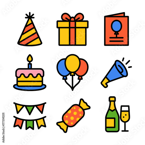 Colorful party icons including cake, balloons, and celebratory items.