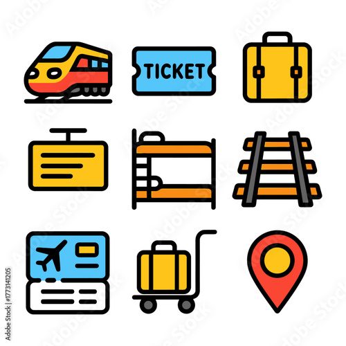 Colorful travel icons featuring train, ticket, suitcase, and travel essentials.