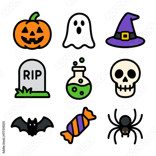 Colorful halloween icons: pumpkin, ghost, witch hat, skull, spider, and more.