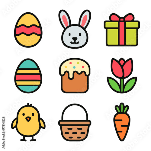 Easter symbols: eggs, bunny, gift, tulip, chick, basket, carrot.