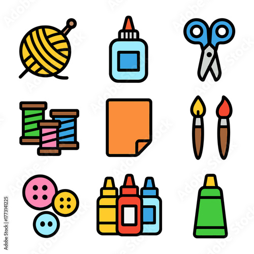 Colorful craft supplies: yarn, glue, scissors, thread, paper, brushes, buttons, paint, tube.