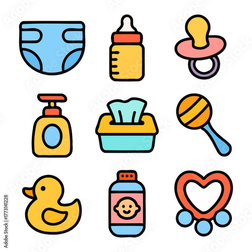 Colorful baby essentials icons set featuring diaper, bottle, pacifier, and more.