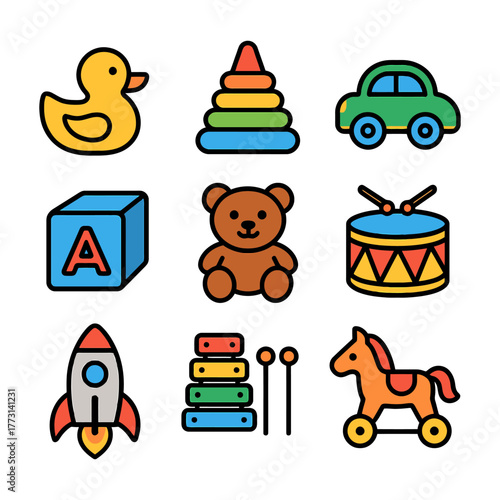 Colorful array of children's toys including duck, stacking rings, and toy car.