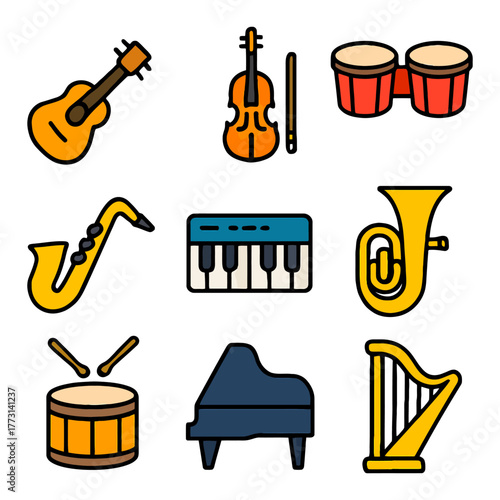 Colorful musical instruments collection featuring guitar, violin, drums, saxophone, piano, tuba, and harp.