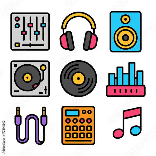 Colorful music equipment icons featuring headphones, speakers, and vinyl records.