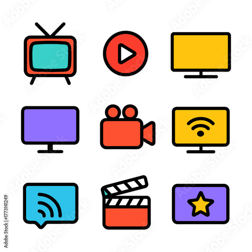 Colorful media and entertainment icons: tv, video, and streaming symbols.