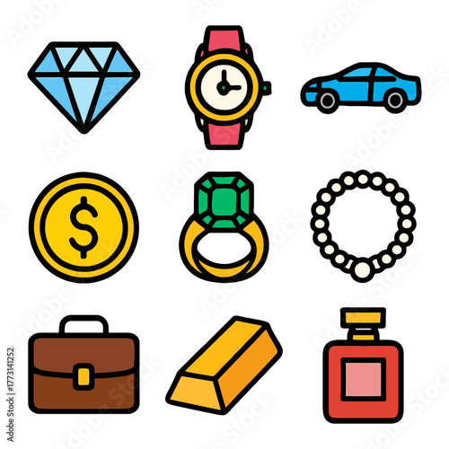 Luxury icons: jewelry, watch, car, gold, gemstone, coin, perfume, briefcase, necklace.