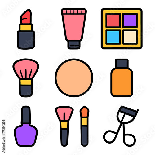 Colorful makeup and beauty tools illustration with lipstick, brushes, and palette.
