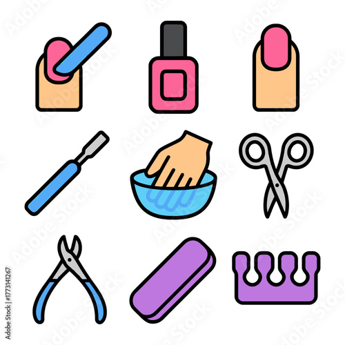 Colorful nail care icons with tools and manicure accessories for beauty routines.
