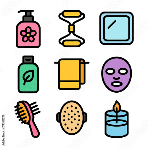 Colorful skincare and beauty icons featuring lotion, roller, mirror, and more.