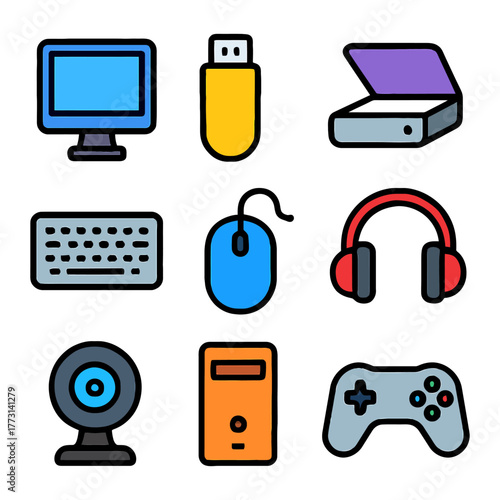 Collection of colorful computer and gaming devices icons set.