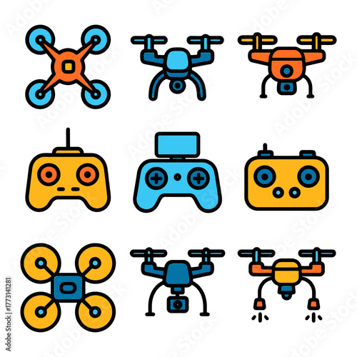 Colorful drone and controller icons set featuring various designs and styles.