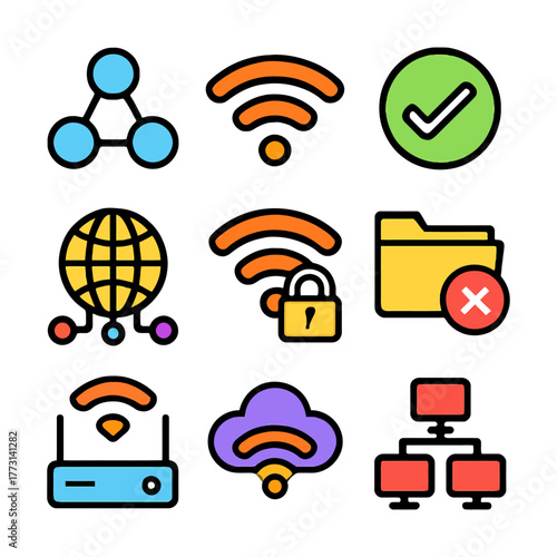 Colorful network and internet icons featuring connectivity and security symbols.
