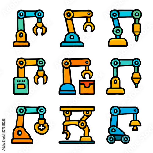 Colorful collection of industrial robotic arm icons in various positions and tools.