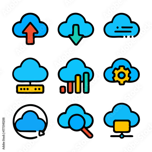 Colorful cloud computing icons set with data and network symbols.