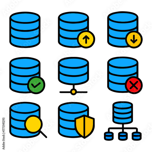 Database icons set with arrows, check marks, shields, and connections.