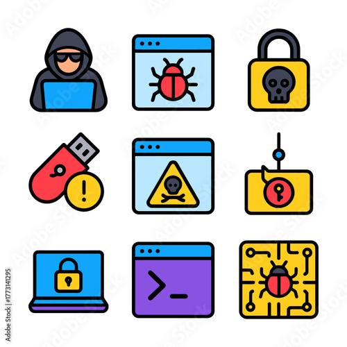 Cybersecurity threat icons: hacker, malware, lock, usb, alert, circuit board.
