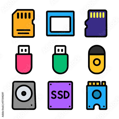 Colorful set of various data storage devices and icons.