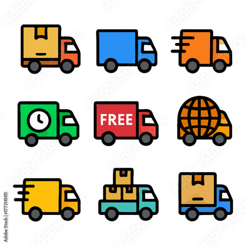 Colorful delivery truck icons illustrating shipping and logistics concepts.
