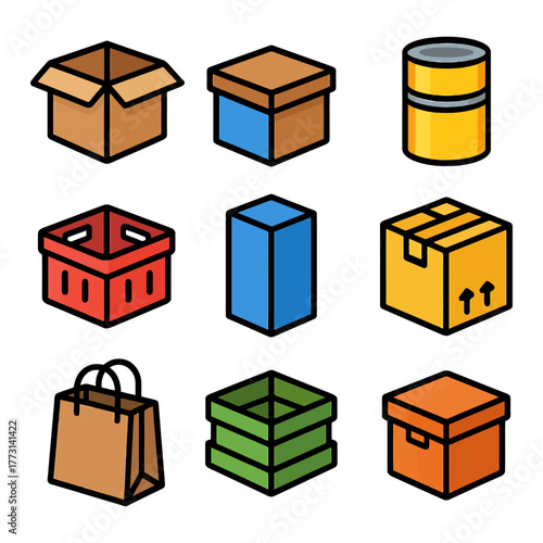 Colorful icon set of various storage containers and packaging.