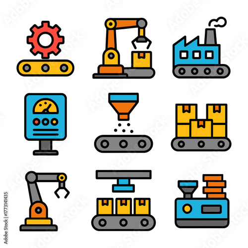 Colorful industrial icons featuring robotics and factory equipment.