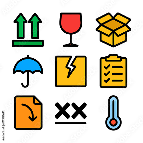 Colorful shipping and fragile item icons with safety symbols.