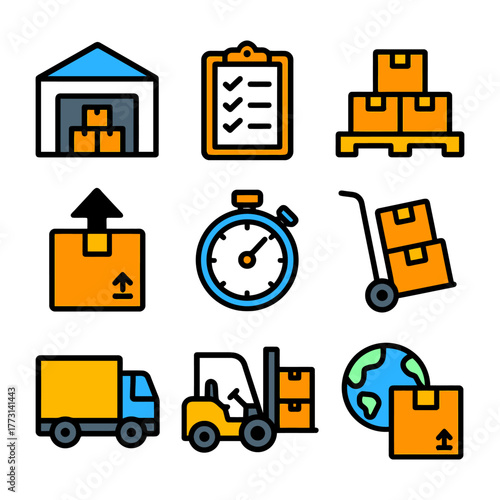 Warehouse and logistics icons: storage, delivery, forklift, and global shipping symbols.