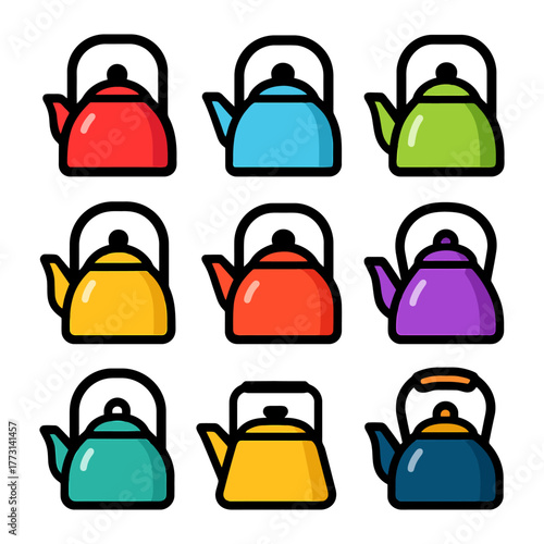Colorful teapot collection: red, blue, green, yellow, purple, turquoise, black handles, white background.