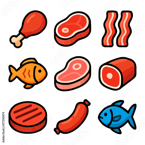 Assorted meat icons featuring fish, steak, bacon, and sausage.