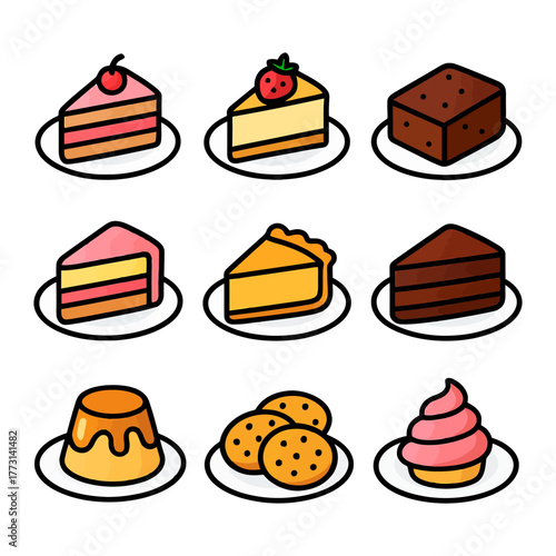 Assorted colorful dessert icons featuring cake and cookies on plates.