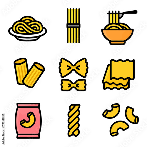 Variety of cartoon pasta types and shapes: spaghetti, rigatoni, macaroni, farfalle, fusilli, lasagna.