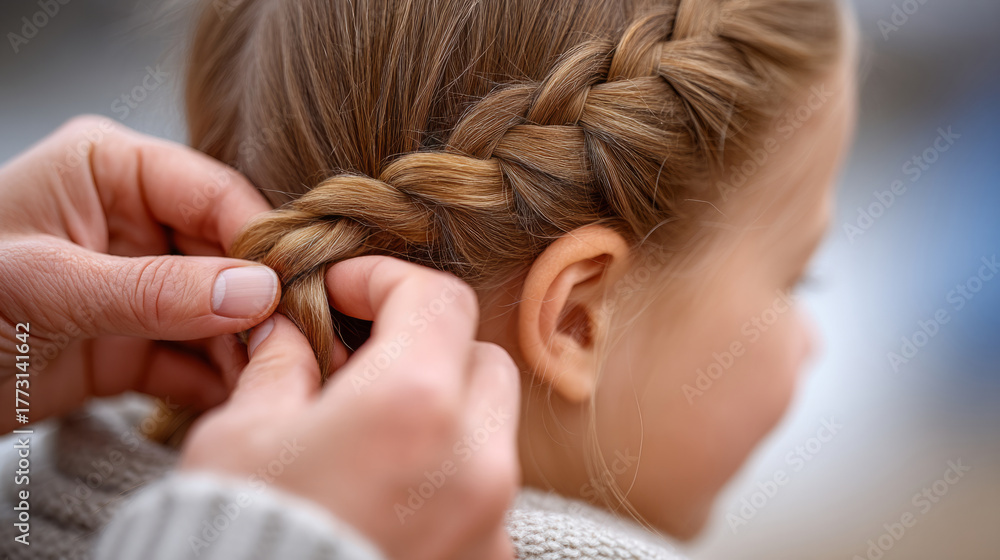Fototapeta premium Mother braiding daughter's hair in secure braid for bonding and family time