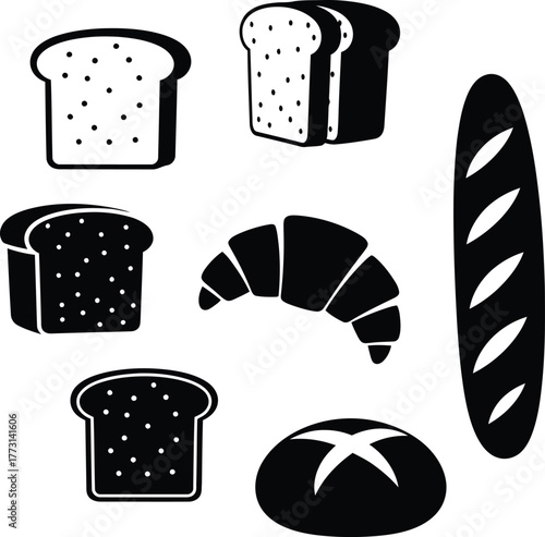 Black Silhouette Icons of Assorted Baked Goods on White Background bread bakery