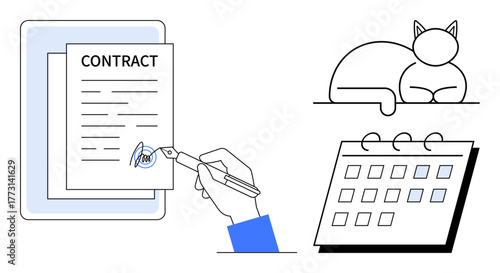 Hand signing contract with pen, calm cat resting, and a calendar representing organization, deadlines, and schedules. Ideal for business, legal, planning, productivity time management lifestyle