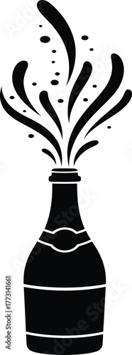 Black silhouette of champagne bottle with splashing liquid and bubbles vector illustration