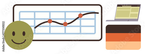 Upward trend on a graph, happy face, laptop, and color blocks emphasizing growth, success, and productivity. Ideal for business, progress analytics motivation positivity success teamwork. Simple