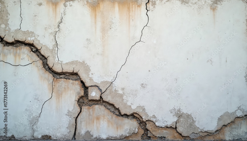 Obraz premium Cracked white painted exterior wall shows damage from moisture. Concrete surface is stained and peeling showing a rough texture. Old construction problem requires repair.