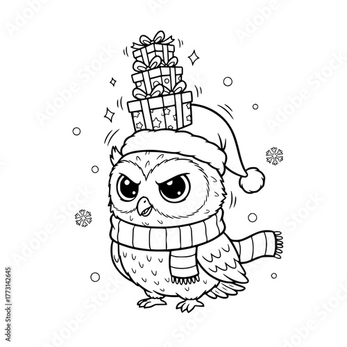 Owl balancing Christmas presents with Santa hat and scarf, coloring book page for toddlers Generative AI