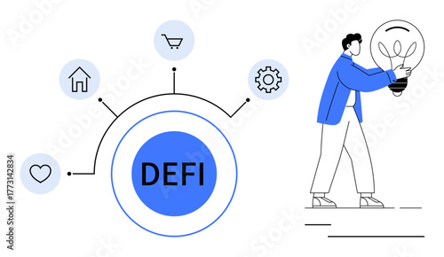 DEFI in blue circle with icons for home, cart, gear, heart. Man holding lightbulb representing ideas, fintech, innovation. Ideal for finance, technology blockchain decentralization creativity