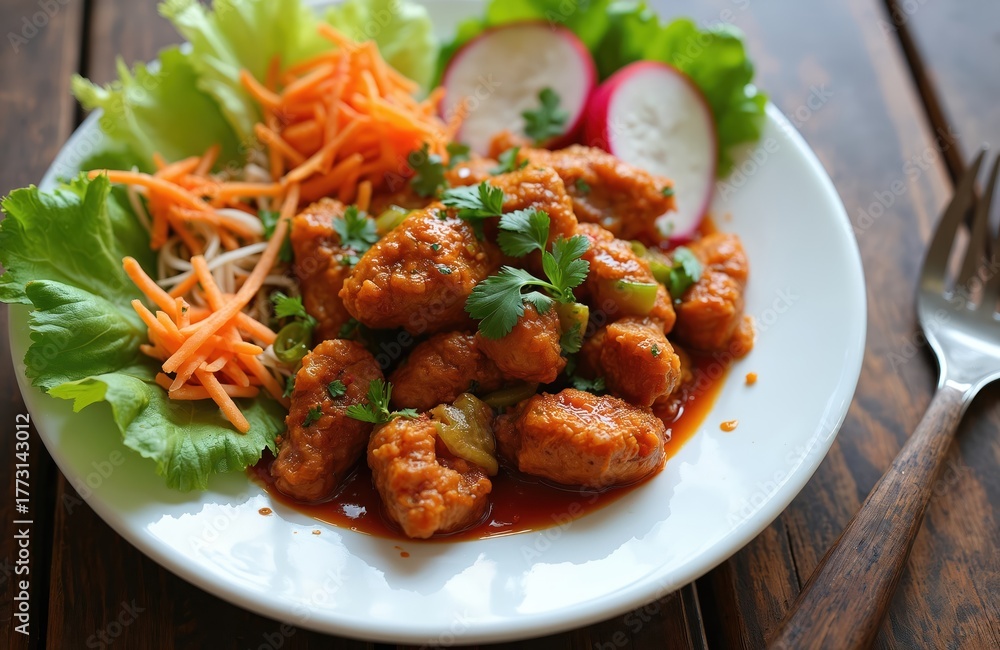 Fototapeta premium Plate of delicious Nepali chicken chilly with fresh vegetables. Spicy Indian cuisine with meat and salad. Restaurant serving tasty dish with a fork on wooden table.