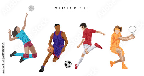 Sports players vector illustration. Hand drawn human figures collection