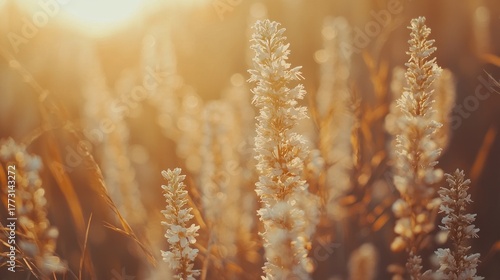Golden hour sunlight illuminates tall, slender, light-beige wildflowers in a field.
