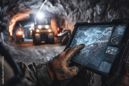Miner Interacting With 3D Connectivity Map In Deep Underground Tunnel, Rugged Tablet, Autonomous Rover Relays, Industrial Communications, Private Networks, Remote Operations